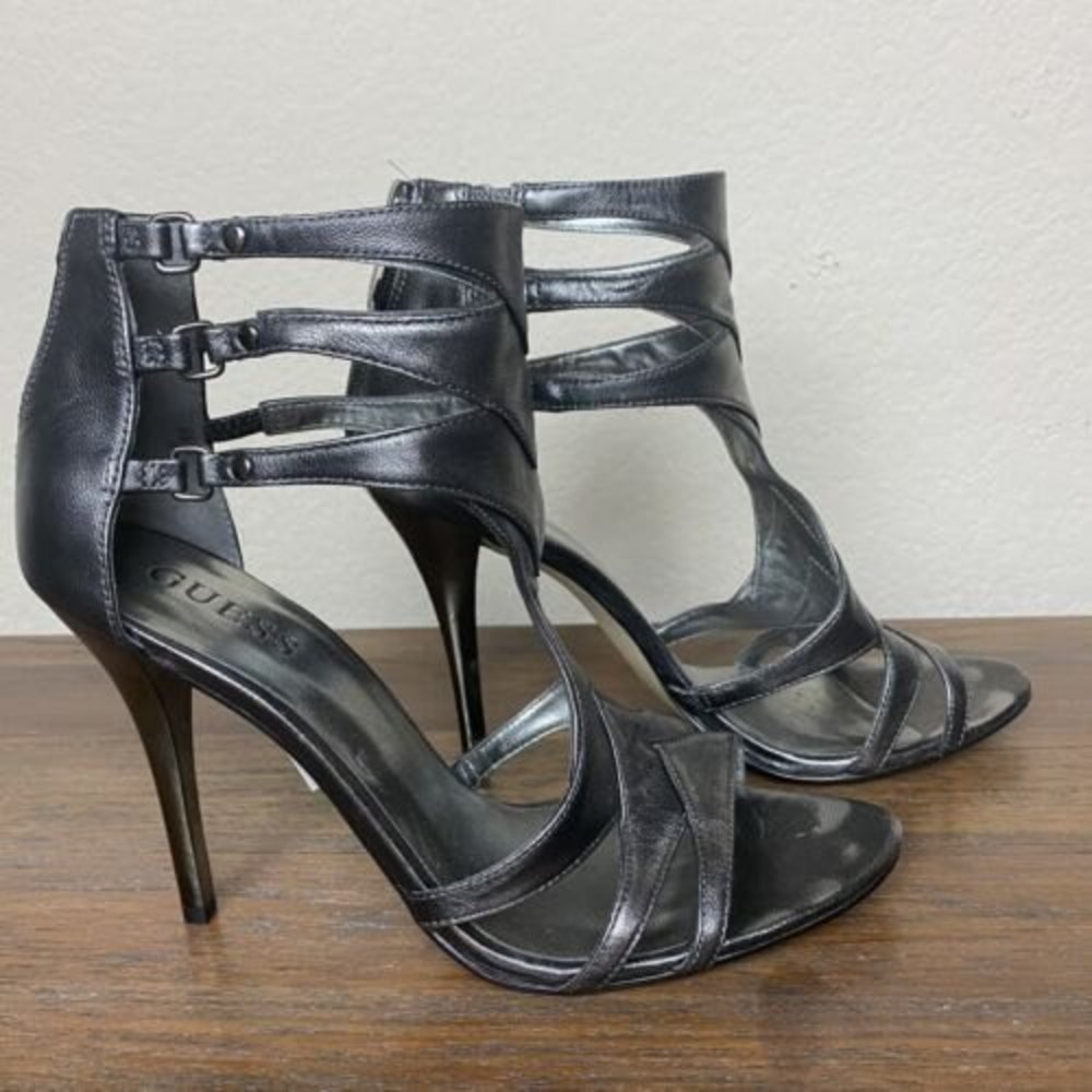 Guess Marciano Sz 8.5 M Genovieve Gladiator Silver Heels Women's Shoes Leather